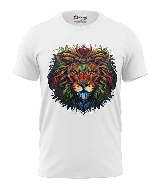 Regular Fit Round Neck Half Sleeves Lion Mandala Graphic Printed Men's T-Shirt (White, S)