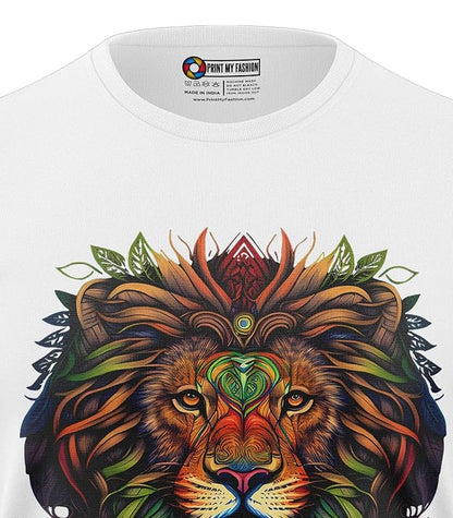 Regular Fit Round Neck Half Sleeves Lion Mandala Graphic Printed Men's T-Shirt (White, S)