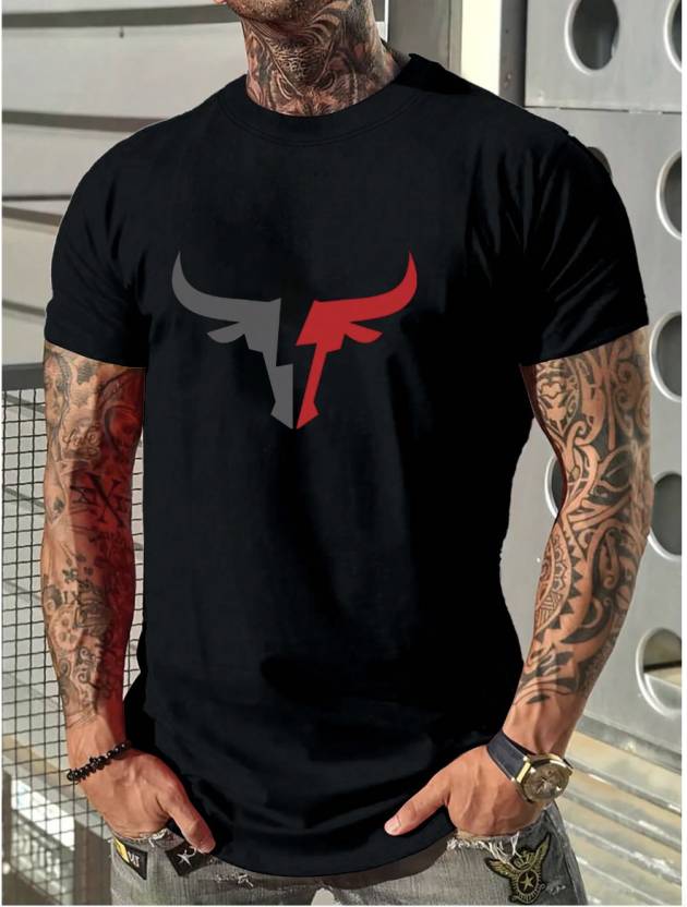 Men Printed Round Neck Polyester Black T-Shirt