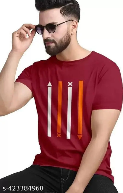 Men Striped Round Neck Polyester Maroon T-Shirt