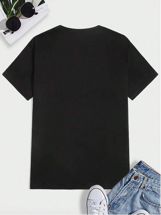 Men Printed Round Neck Polyester Black T-Shirt