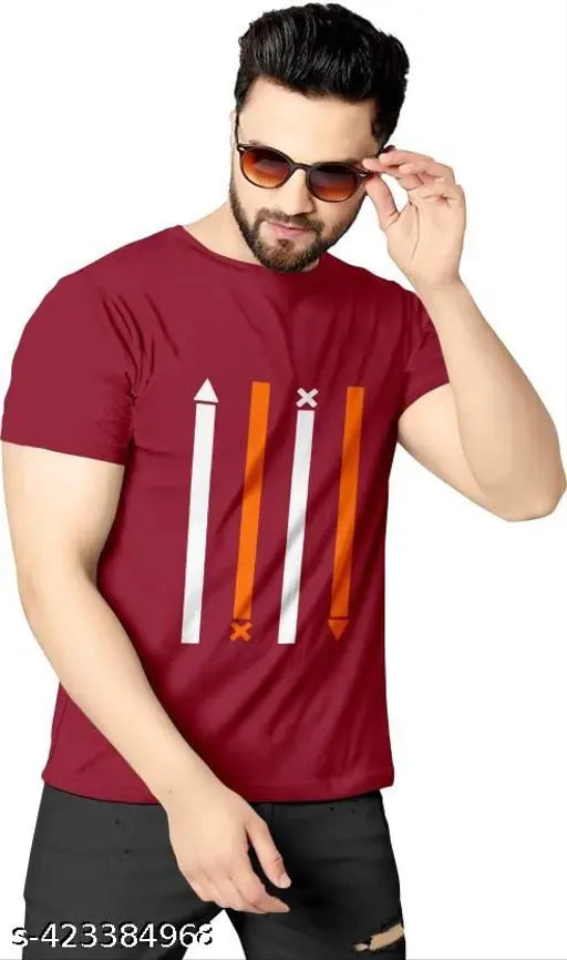 Men Striped Round Neck Polyester Maroon T-Shirt