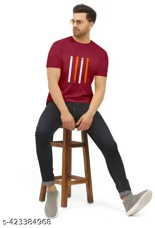 Men Striped Round Neck Polyester Maroon T-Shirt